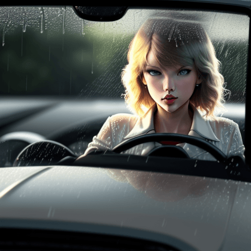 AI generated: Taylor swift driving mercedes in the rain, camera focused on windshield. Realistic 