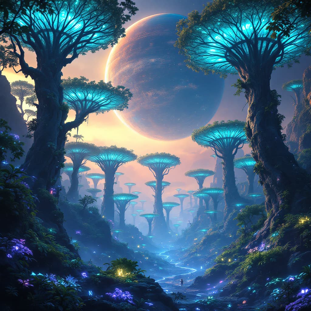 AI generated: A vertical view of an alien jungle, where massive glowing Matcha trees with blue and green bio-lumin...
