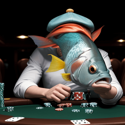 AI generated: A fish with a cap on his head sits at a poker table