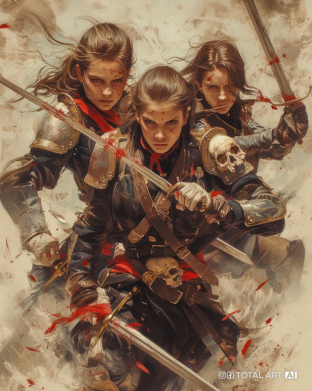 AI generated: "A vengeful empire in a riot" wallhanging, three beautiful young European women attacking in knight ...