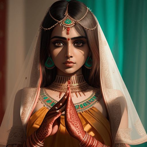 AI generated: a beautiful Indian bride in traditional wear showing her hands and henna designs, photorealistic, ul...