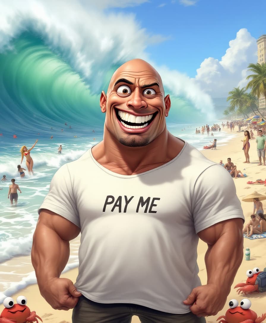 AI generated: A humorous, exaggerated caricature of Dwayne Johnson. His face has huge, intense eyes with one high-...