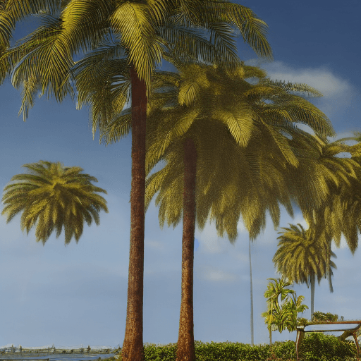 AI generated: high resolution photographic landscape, realistic, palm trees with date stalks, grain with husks, an...