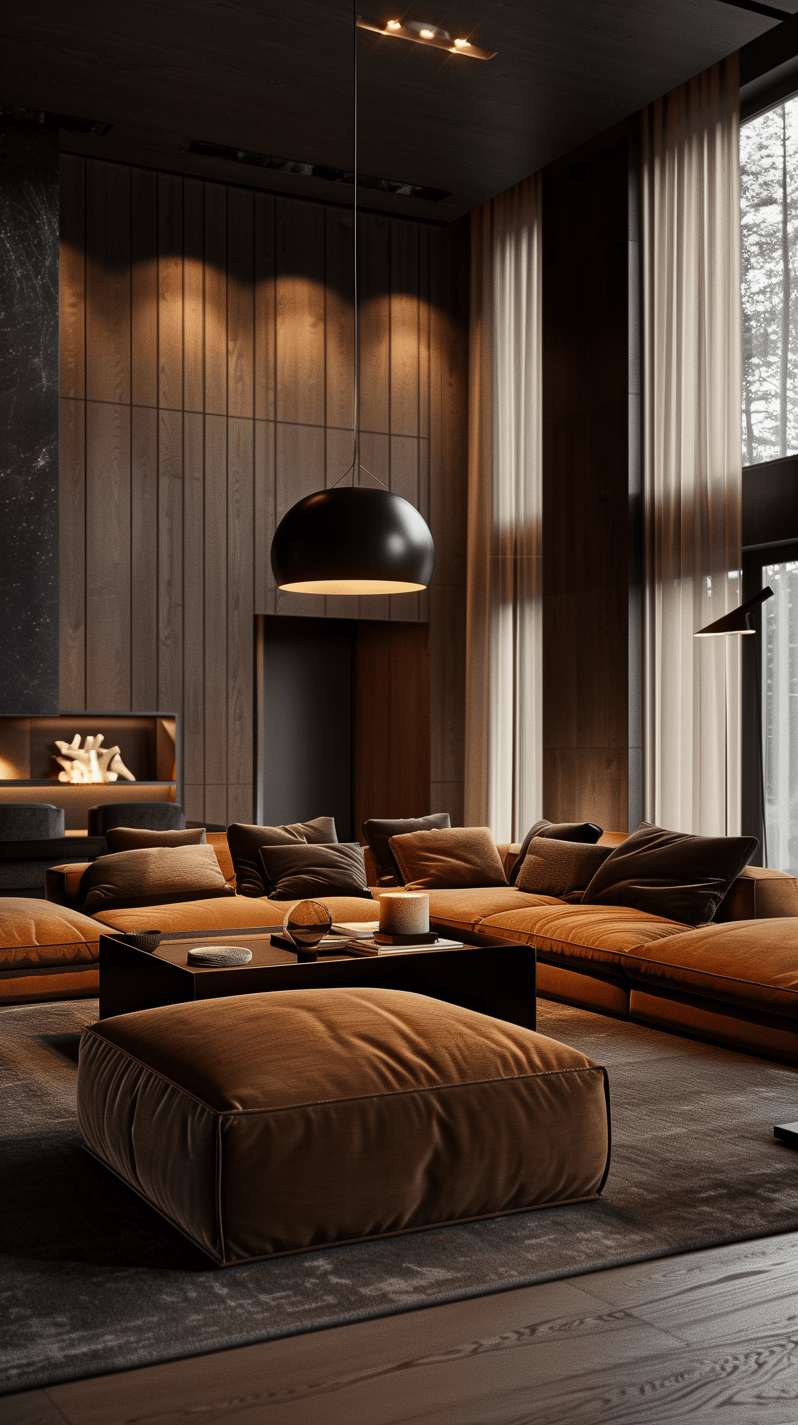 AI generated: high-resolution image of a luxurious living room, large, plush sectional sofa in caramel leather tha...