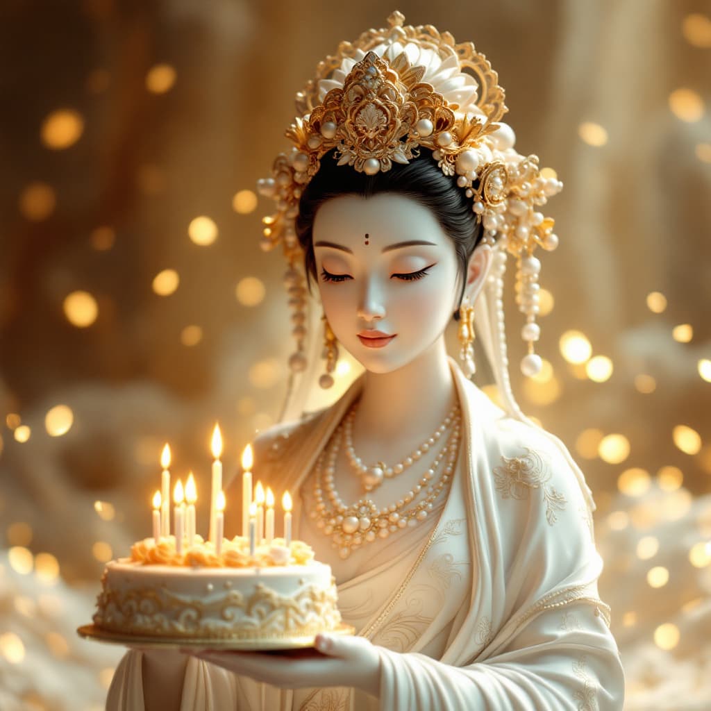 AI generated: A divine and serene depiction of Guanyin Bodhisattva, crafted in an intricate white porcelain sculpt...
