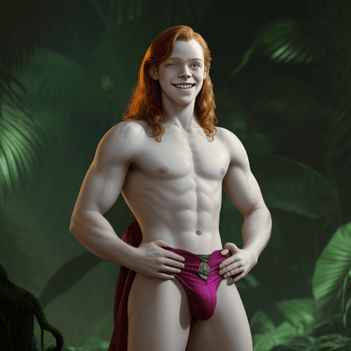 AI generated: Cameron Monaghan, in tarzan, big bulge, hands on hips, manspreading, smiling, full shot, psychedelic...