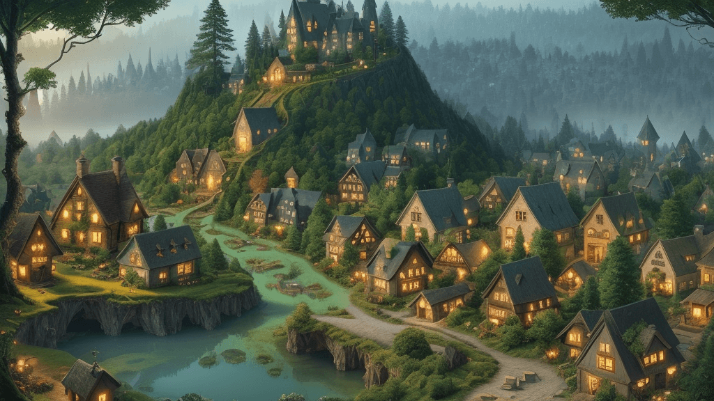 AI generated:  a quaint little village nestled at the edge of a vast enchanted forest, 8k