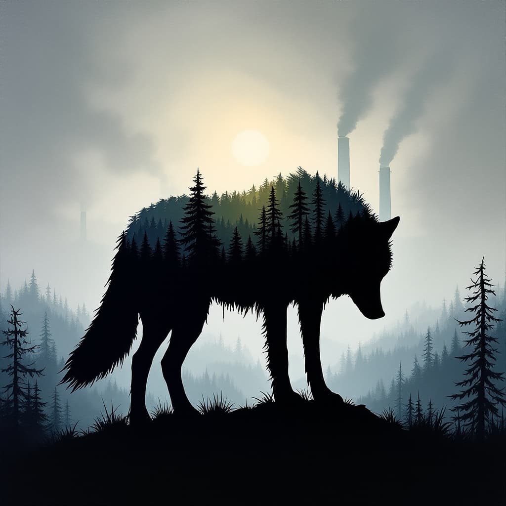 AI generated: oil painting, cardboard like silhouette of a wolf, head down, low tail, dramatic background, dramati...