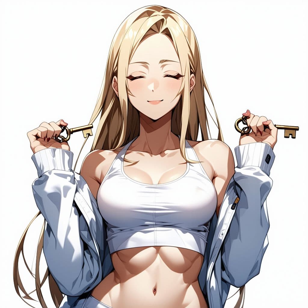 AI generated: anime woman 25 years old, slight smile and closed eyes, arrogant pose, blonde, white skin, long hair...