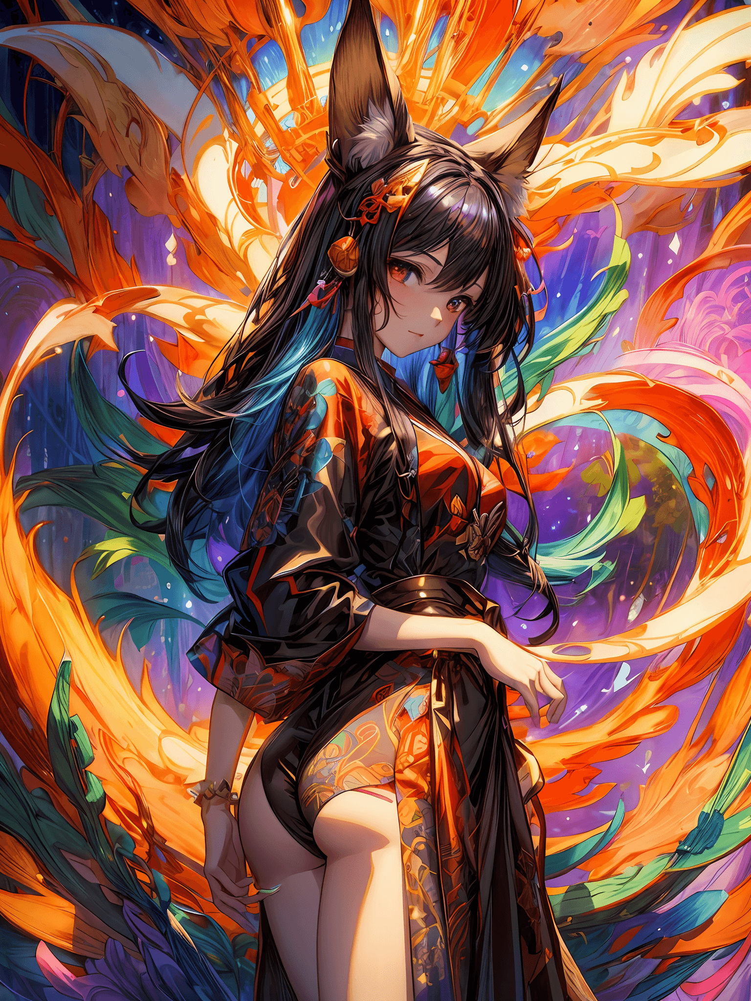 AI generated: a woman with a cat ears and a dress on is standing in front of a colorful background, anime style 4 ...