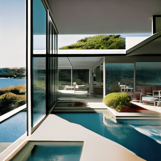 AI generated: Hyper realistic eye level exterior photo of a mid century modern style house overlooking the ocean, ...