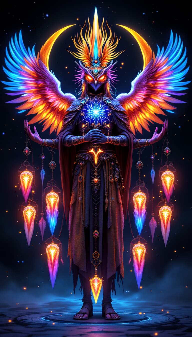 AI generated: A (Unique Masterpiece) 'dream catcher' totem with 5 arms, the totem has two colossal phoenixes perch...