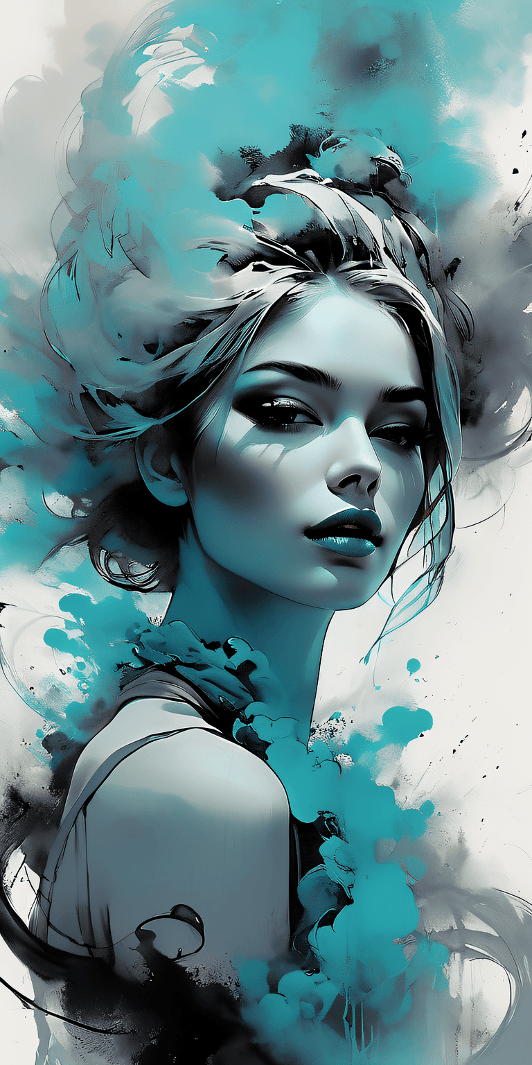 AI generated: portrait of a woman covered in cloud of smoke, whirlwind, cyan highlight colors, cyan make-up, hints...