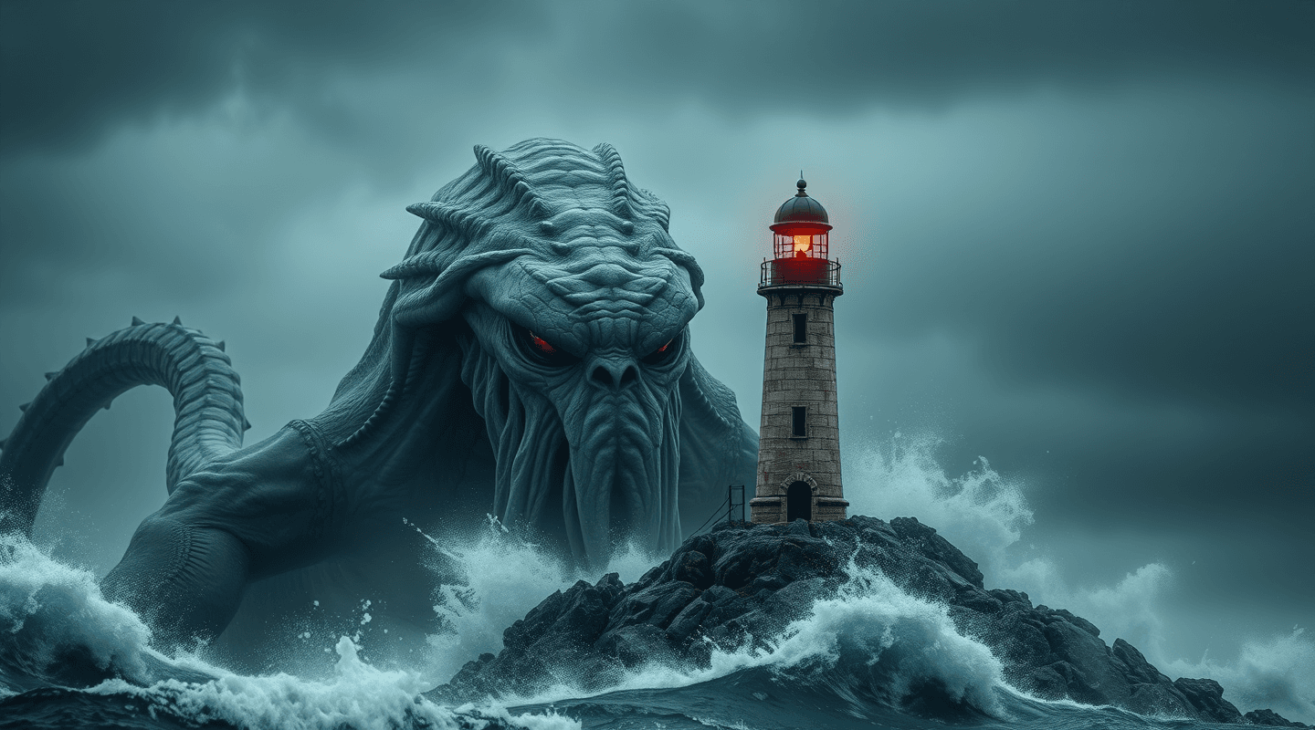 AI generated: RAW portrait photograph of Cthulhu bulky antropomorphic body, red ruby ferocious eyes, sinister mega...