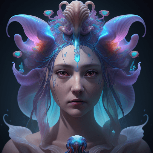 AI generated: Goddess close-up portrait ribcagel. jellyfish phoenix head, nautilus, orchid, skull, betta fish, bio...
