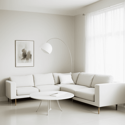 AI generated: Photograph, contemporary living room, soft light of morning, integration of beige flooring and matte...
