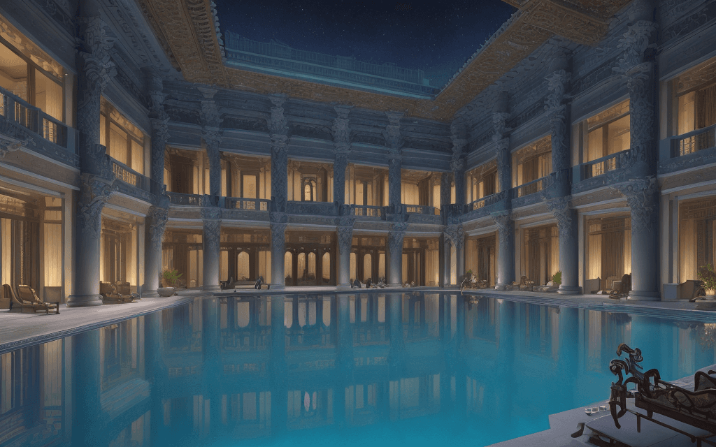 AI generated: aurora ,delight night ,a large building with a pool in front of it, ornate retreat, breathtaking ren...