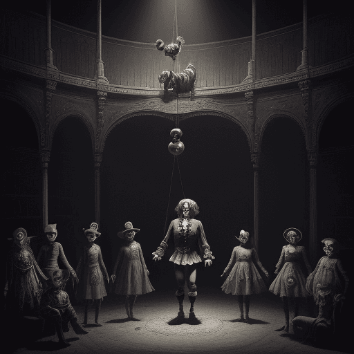 AI generated: dead clown in circus lying picture looks like dungeon synth picture big space around clown and peopl...