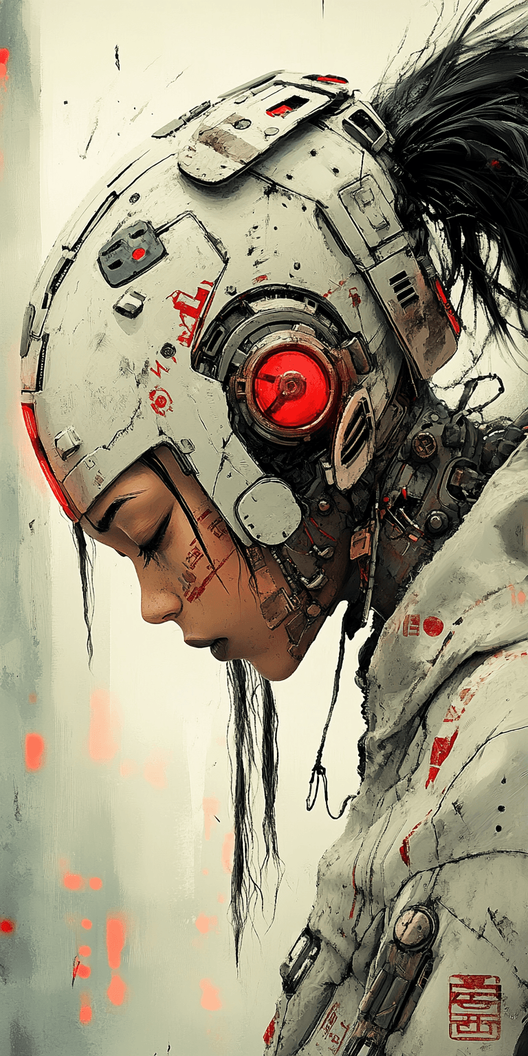 AI generated: Gigantic mecha girl, full body, against a dark background lit with red lights, beautiful detailed fa...