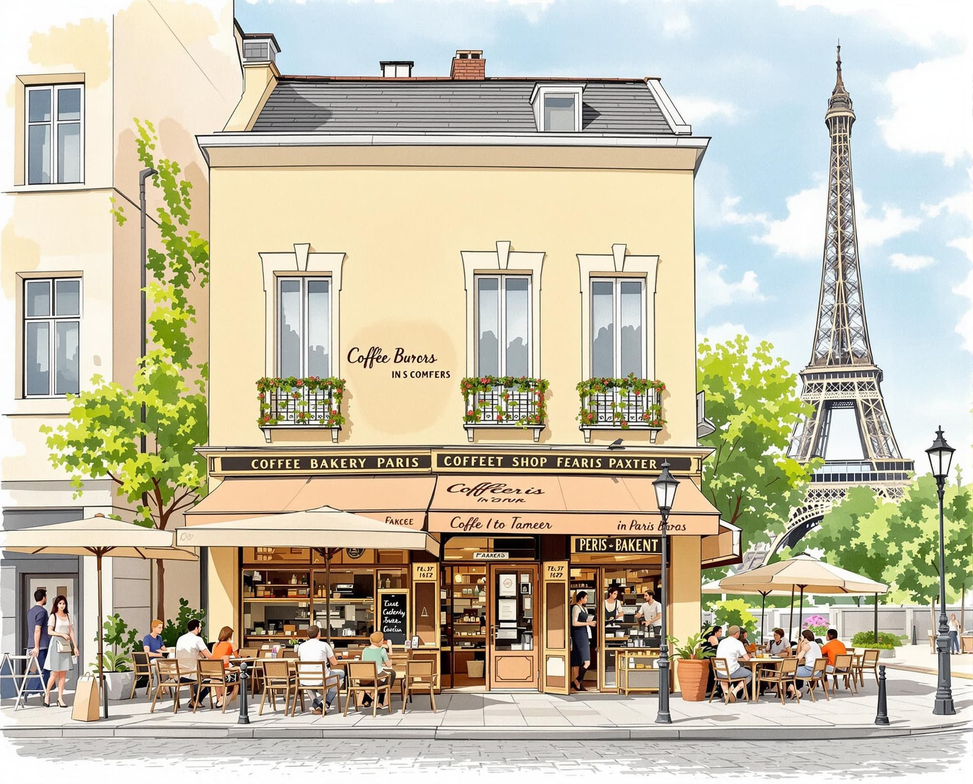 AI generated: Coffee shop as if it’s being in paris, you can draw the  bakery and add Eiffel Tower at the backgrou...