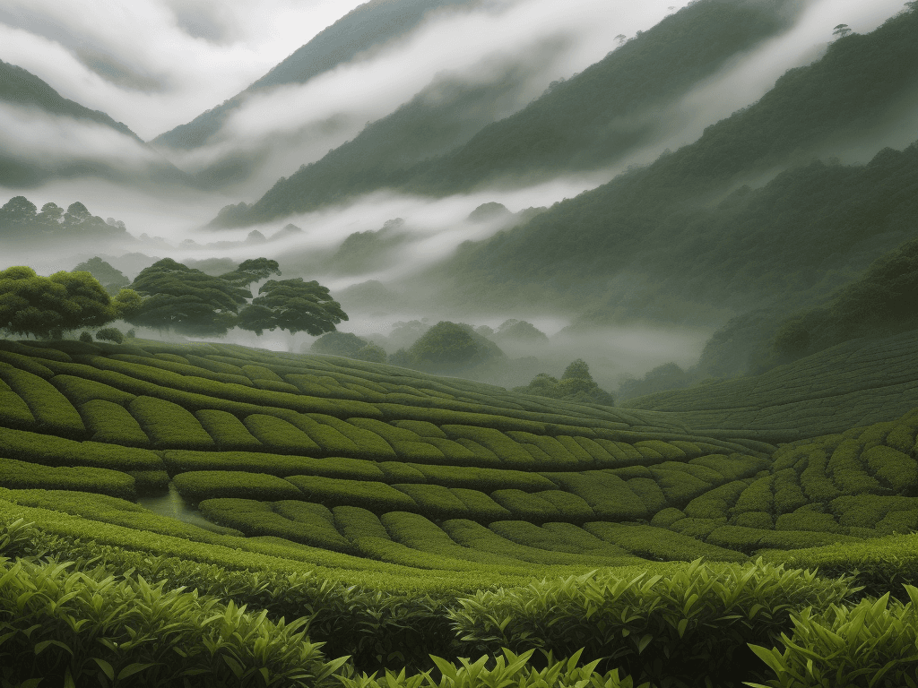 AI generated: Beautiful nature of A tea garden shrouded in mist and clouds, rich details, perfect composition, hig...