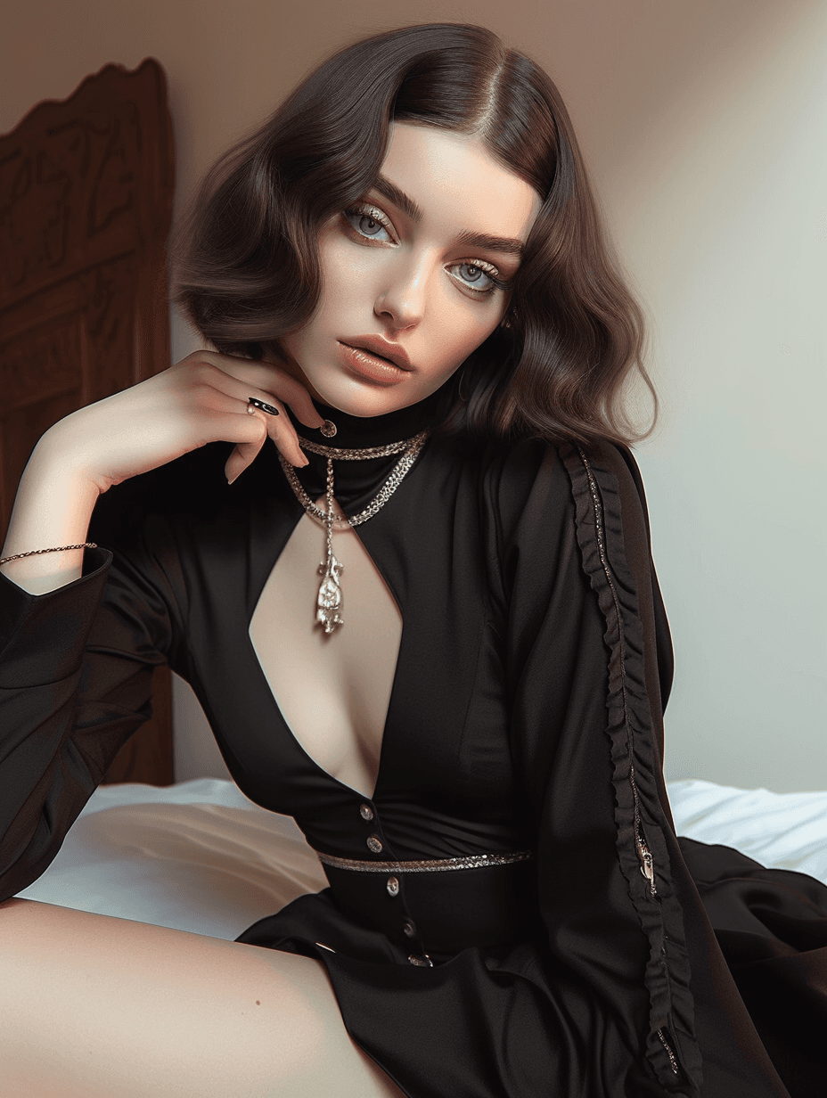 AI generated: https://s.mj.run/stj_jjEJOFM, a beautiful french nun wearing black lingery, aged 35, lying on bed, s...