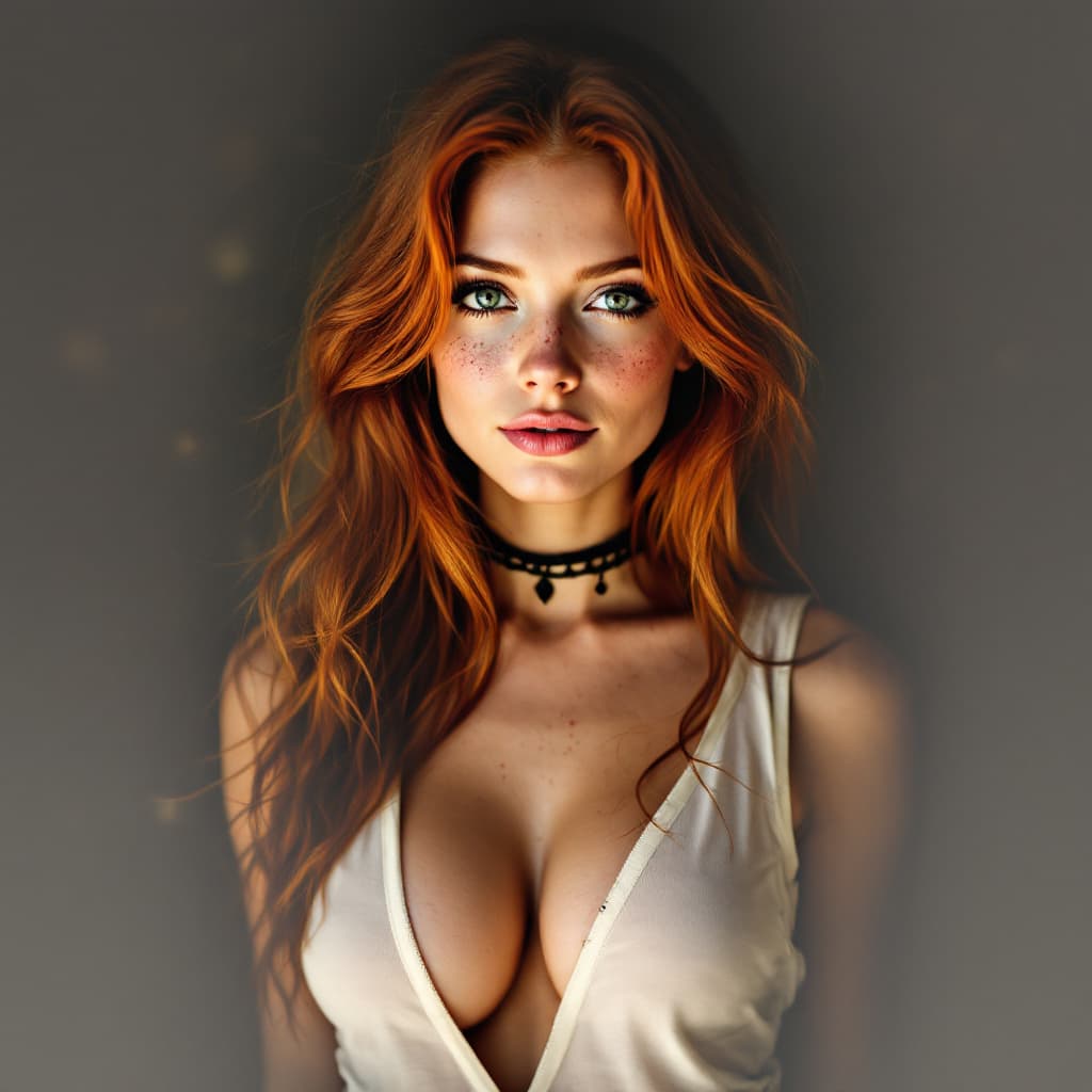 AI generated: A woman with long red hair and striking green eyes, freckles, wears a white tank top with a transpar...