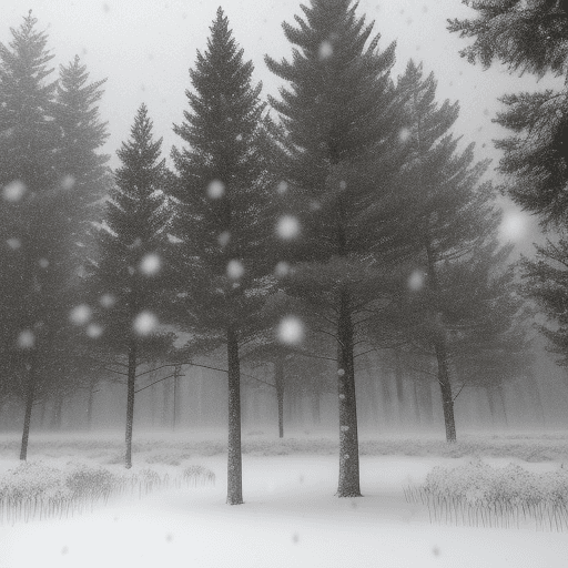 AI generated: Snow falls on the pine trees and red-headed cranes fly above them.