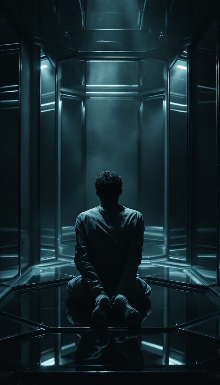 AI generated: (film grain), ultrarealistic 4k, photoart_style, (A person restrained in a straitjacket kneels in th...