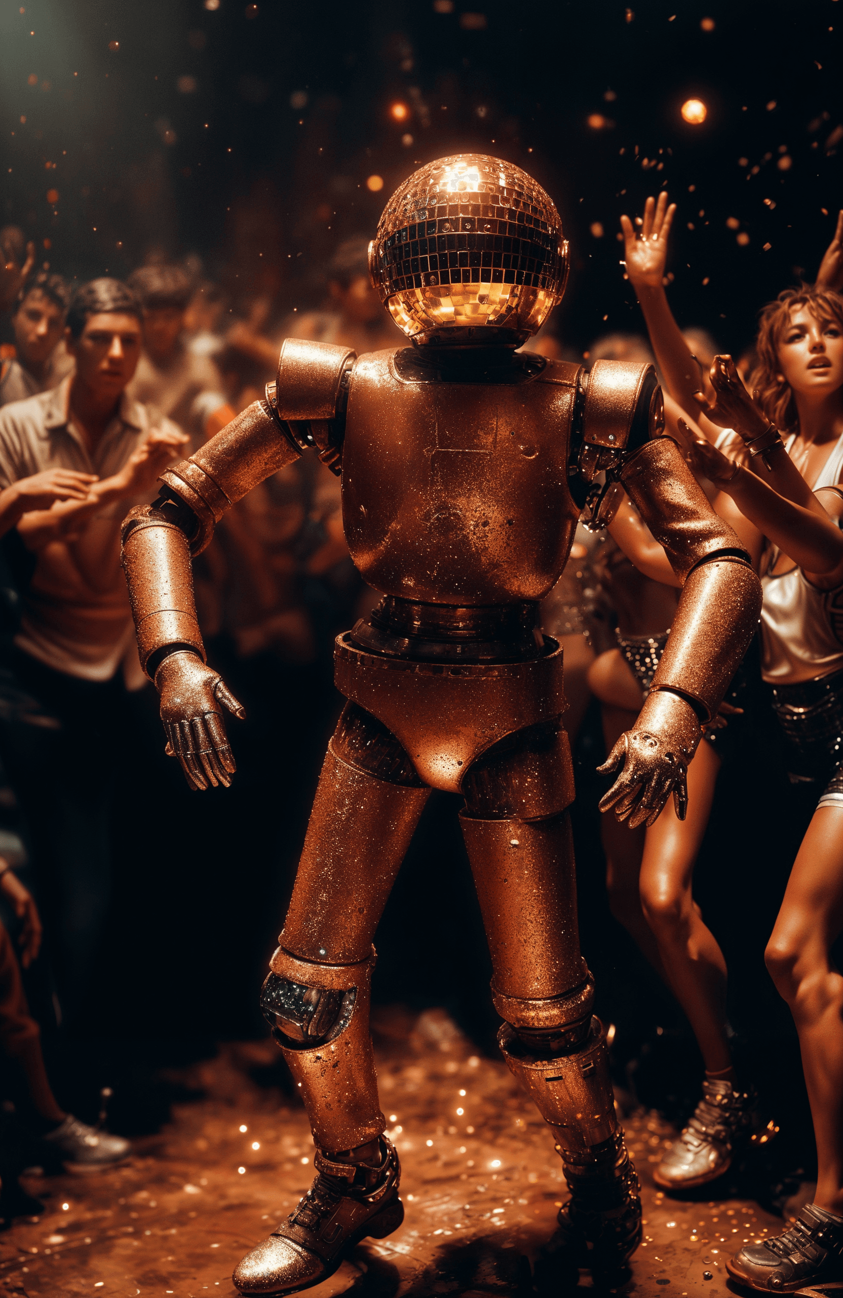 AI generated: detailed shiny rust robot with (disco-ball head:1.1) dancing in the middle of the crowd, makes dance...