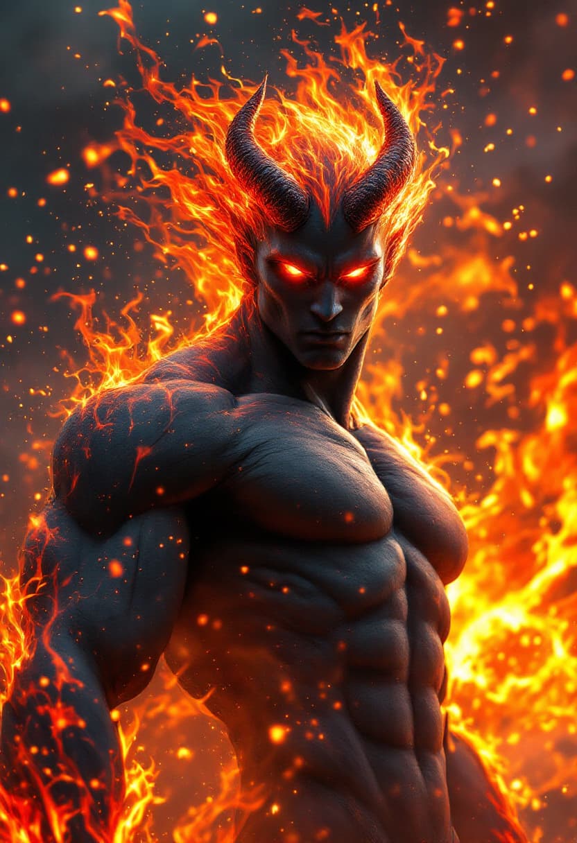 AI generated: God of Fire full-body, Etherial, muscular, Black skin, Glowing red eyes, epic, cinematic, 8k, hyper ...