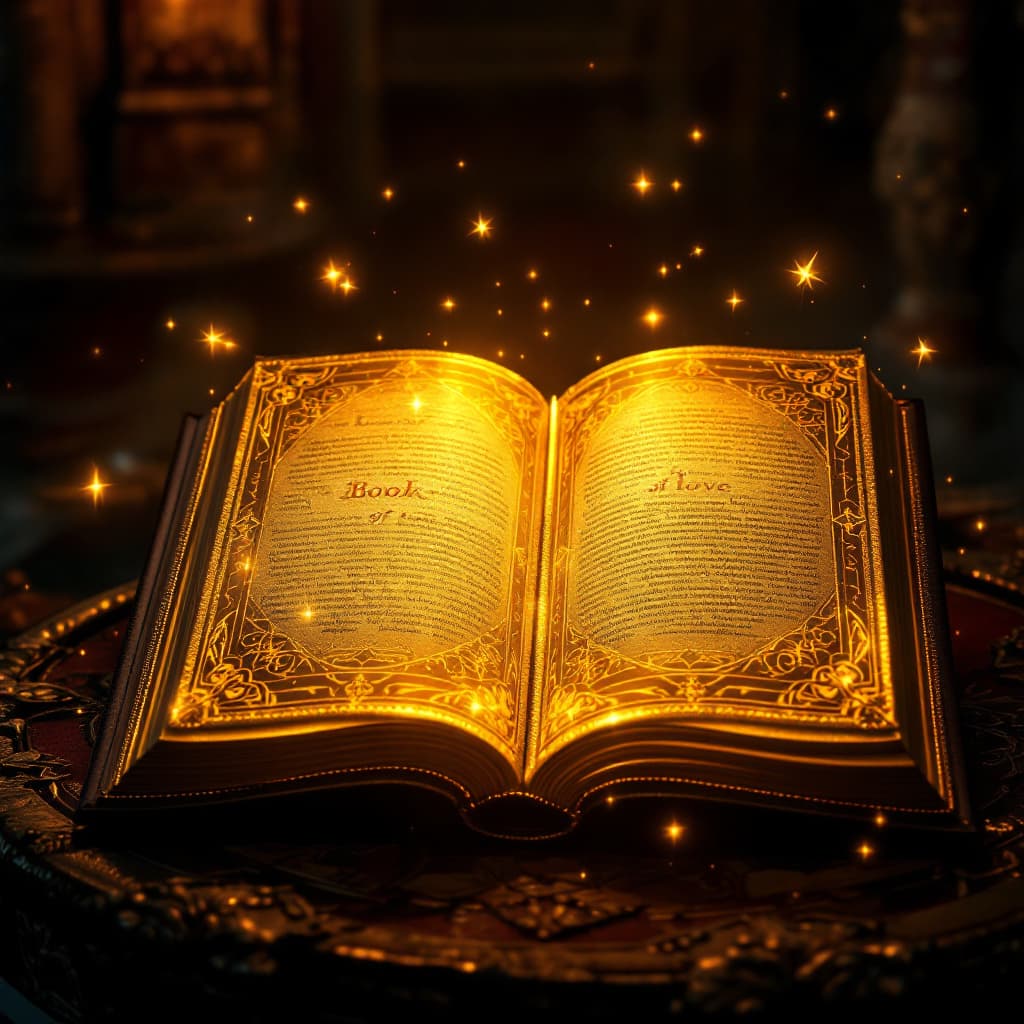 AI generated: An ancient open GOLDEN BOOK on a ornate table, pages glowing with radiant golden light, the word "Bo...