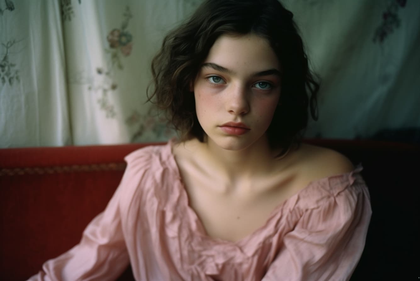 AI generated: a woman in a pink dress posing for a picture, malnourished, davide sorrenti, young female face, attr...