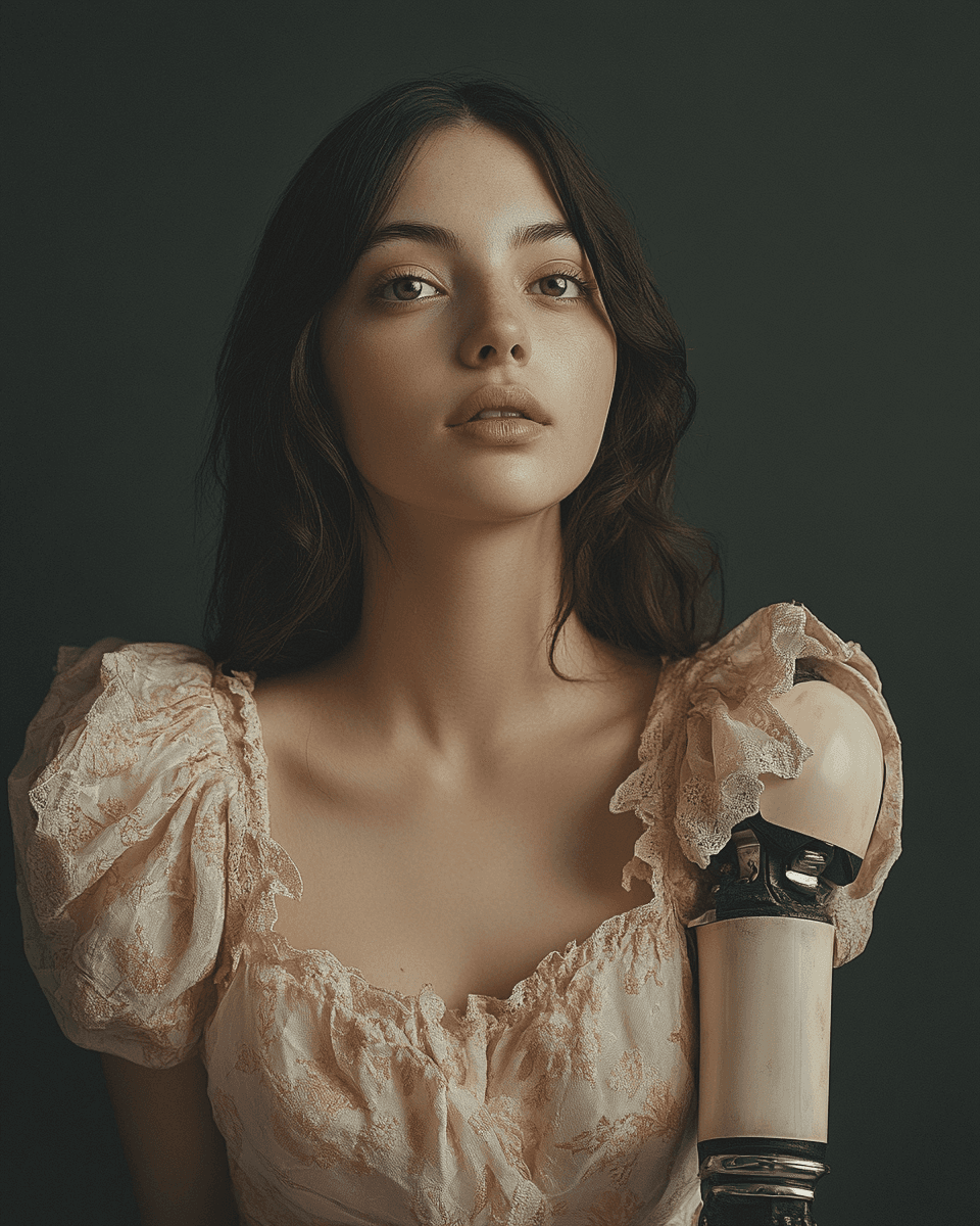 AI generated: A portrait of a young woman in pastel, with one prosthetic arm, against a dark grey background, stud...