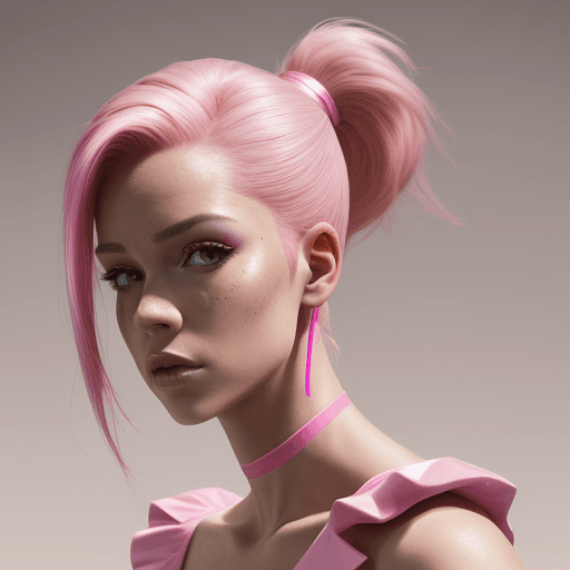AI generated: beautiful gorgeous woman, with hot pink hair in a ponytail, wearing a pink top,  and pink high heels...