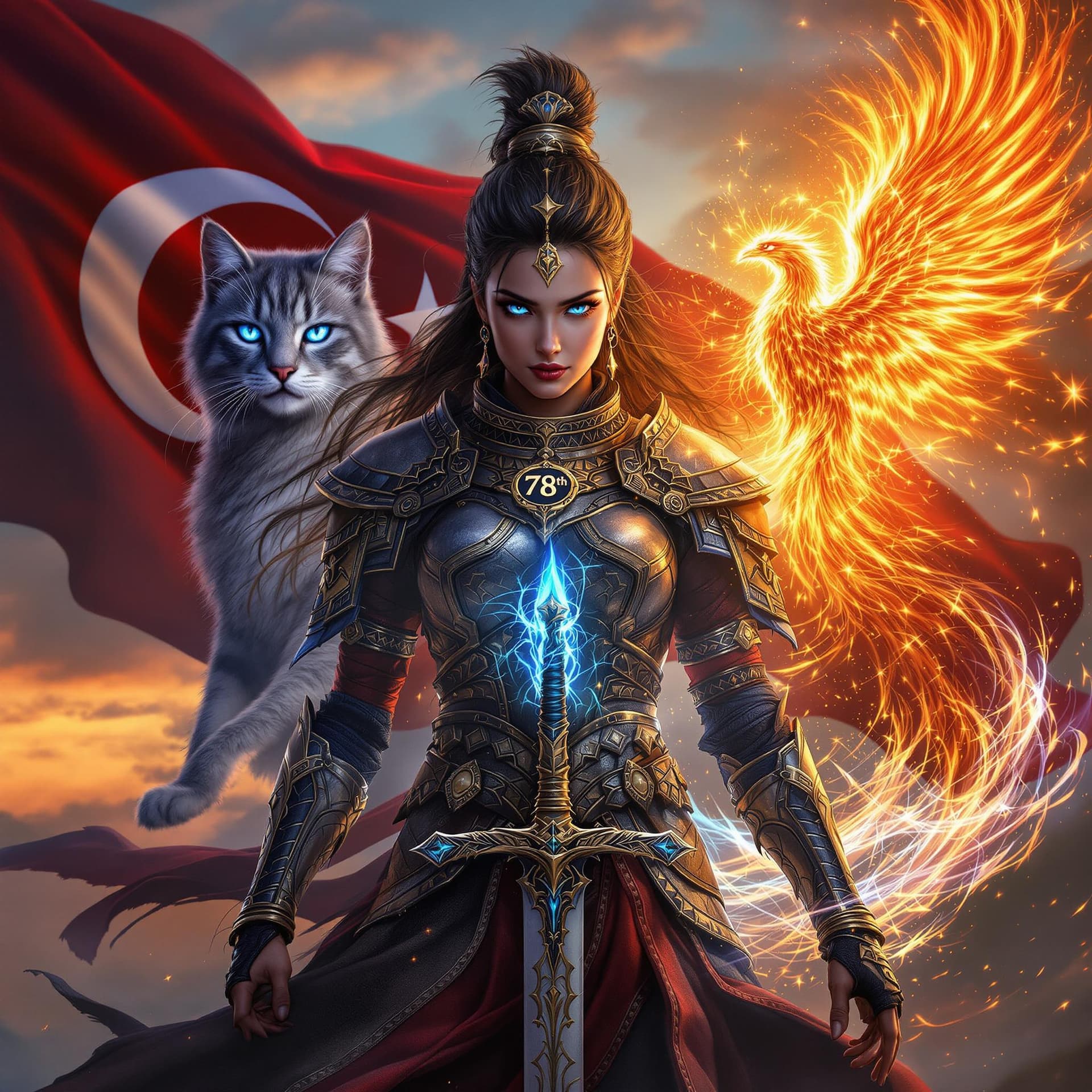 AI generated: A fierce girl warrior clad in traditional armor inspired by ancient Turkish mythology, holding a swo...