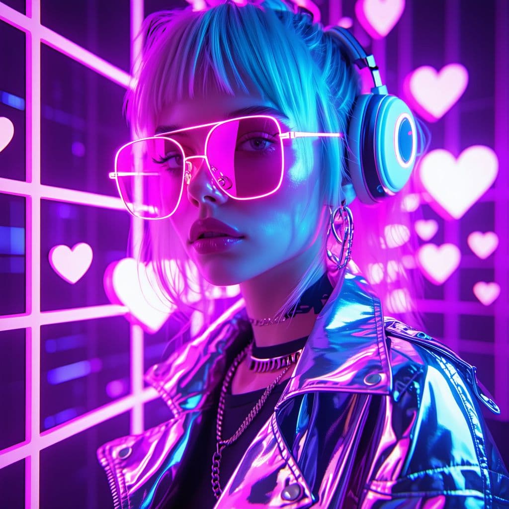 AI generated: A Y2K-style digital artwork featuring a futuristic girl with chrome accessories, metallic jacket, an...