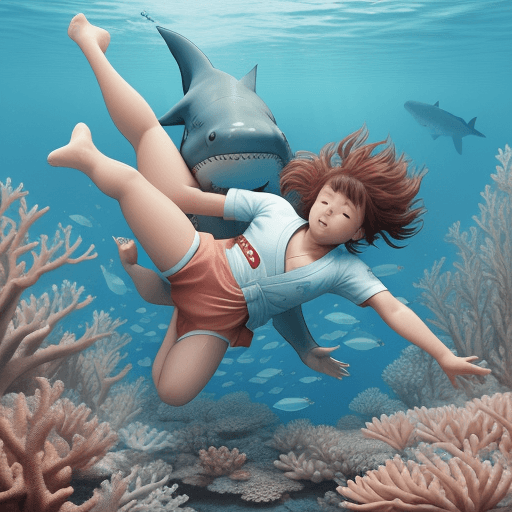 AI generated: Two girls dressed in judo swimming in a coral reef with a peaceful and big and happy shark. Manga st...