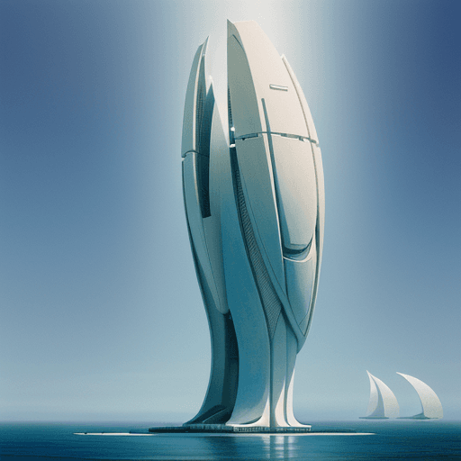 AI generated: Futuristic white building on tall stilts in the ocean, in the style of Michael Whelan and Ralph McQu...