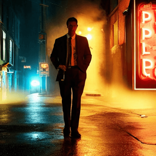 AI generated: A Detective in an alleyway with a door to a bar with neon sign, serious look, solving a case, rain, ...