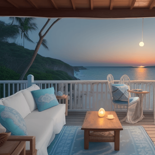 AI generated: A serene coastal location with a gentle breeze and the soothing sound of waves. The boho terrace of ...