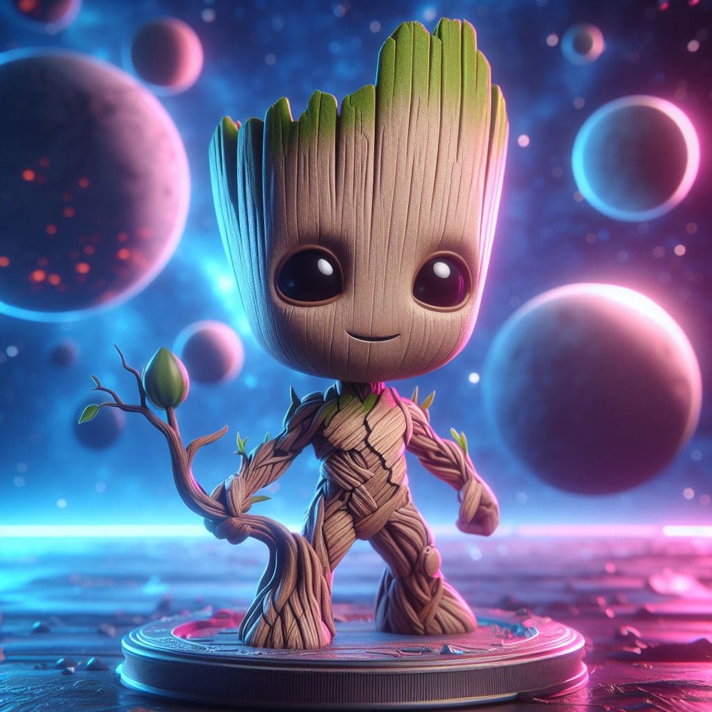 AI generated: Baby Groot de Marvel, convertido en un adorable chibi, obra maestra, 8K, octane render, ray-tracing