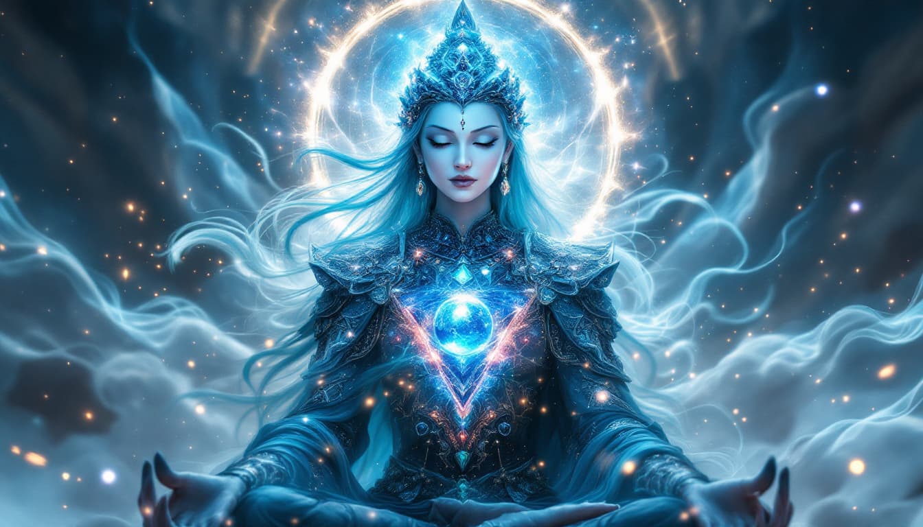 AI generated: full body portrait of a beautiful buddha in action with white skin complexion wearing a gemstone nec...