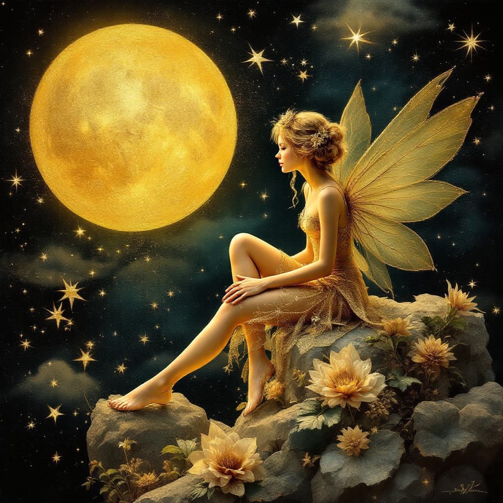 AI generated: #mjbest_gold 

A golden fairy sits on a star looking at a golden moon whimsical photorealistic illus...