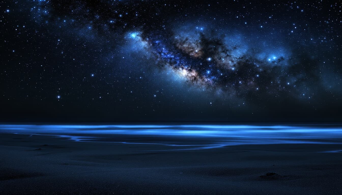 AI generated: The starry sky shines on the beach, with dark gray sand and shallow water in front of it. The Milky ...