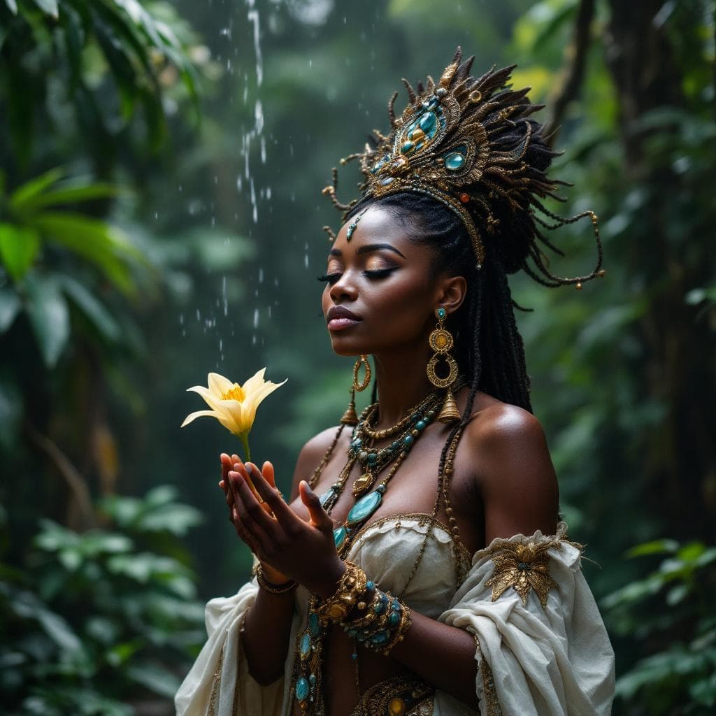 AI generated: A 22yr old very beautiful African female  Deity of weather in a west African Shrine in the rain fore...