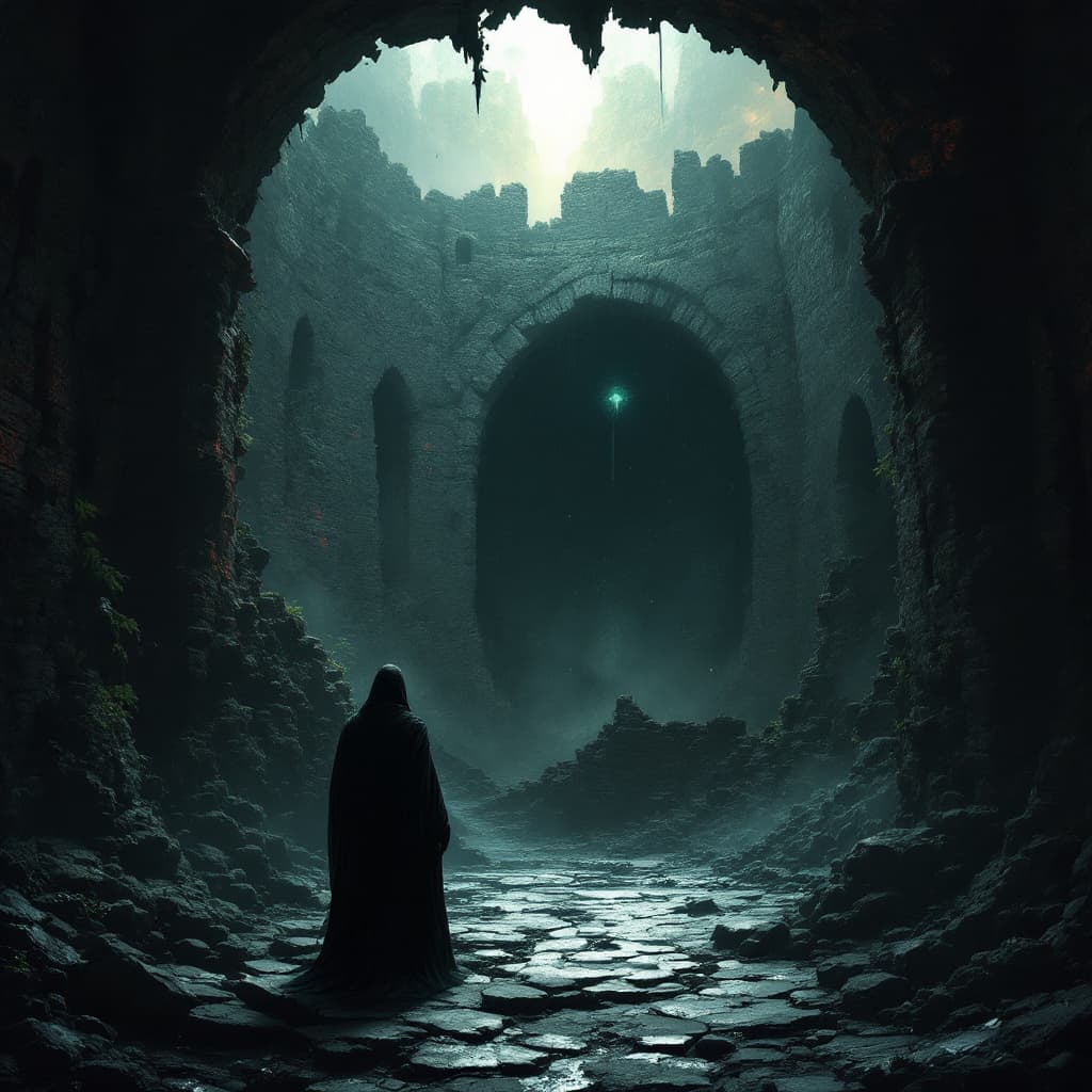 AI generated: Here’s the image of Malagar hot the Hollow in the ruined castle chamber, surrounded by shadows and d...