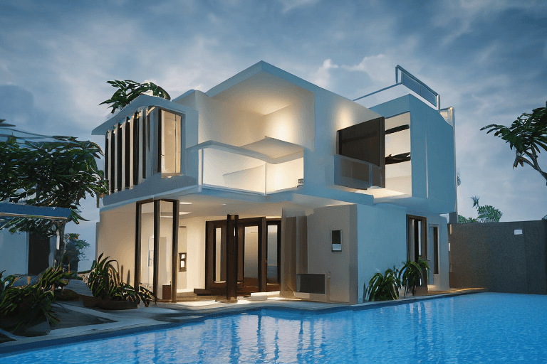 AI generated: very small modern villa, cubic architecture, Bauhaus style mix to Islamic architecture, detailed, ul...