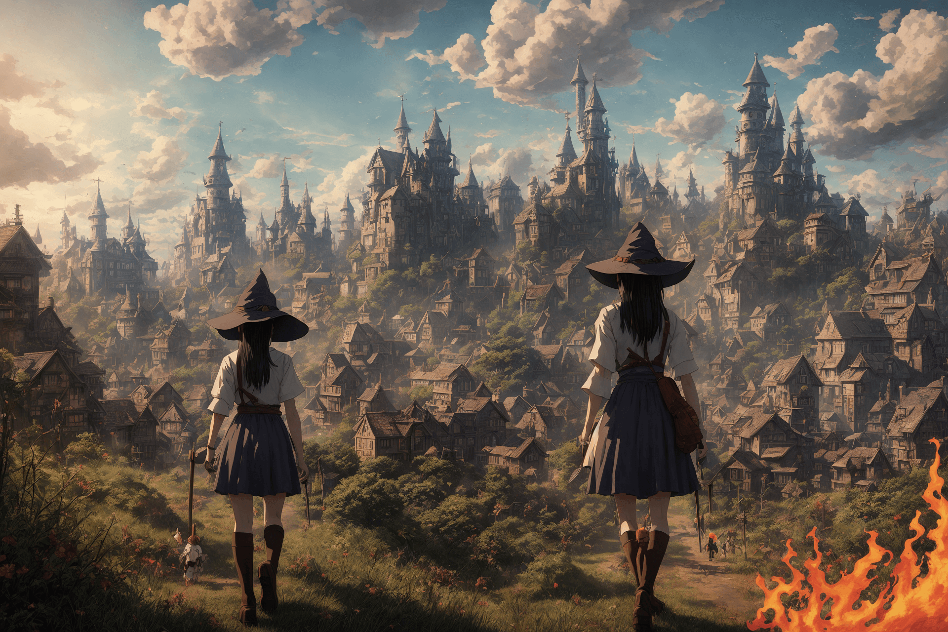 AI generated: Little Witch wonders at Magic in magic forest, Impactful composition, dripping, neon, coffee, heat s...