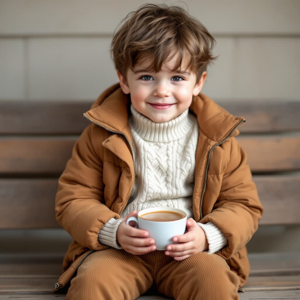 AI generated: A mid-shot of a 3-year-old boy in messy bowl cut hairs, wearing caramel-colored puffer jacket over a...